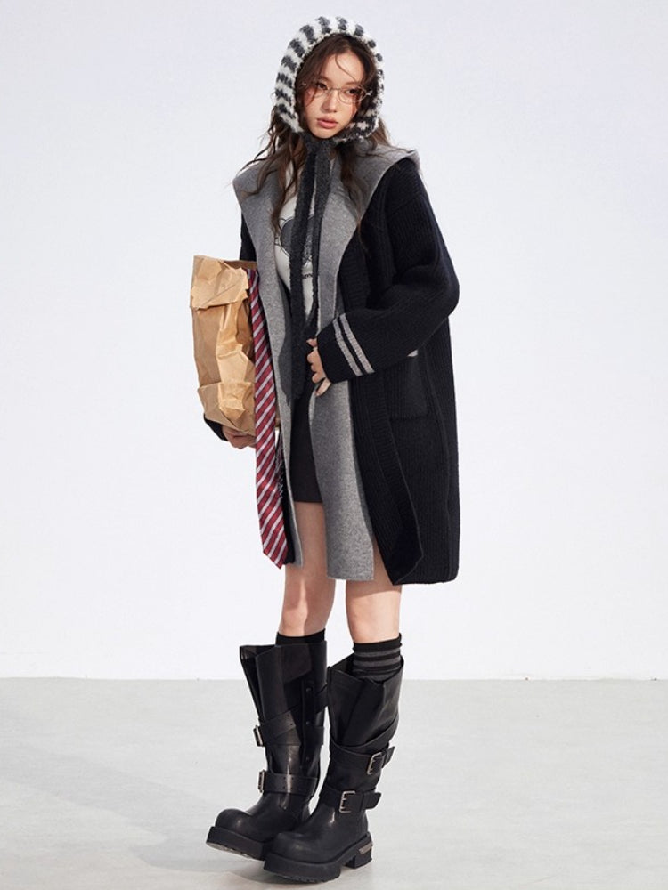 Detachable Collar Long Knit Coat