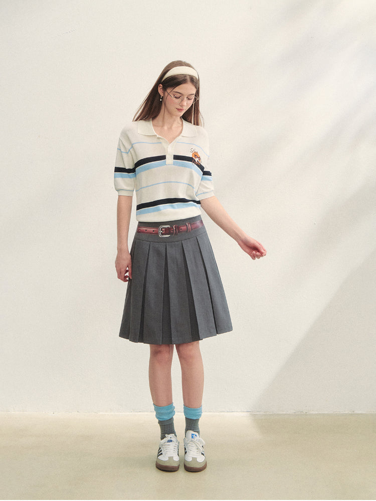 Embroidered Striped Knitted Short-sleeve Polo Shirt