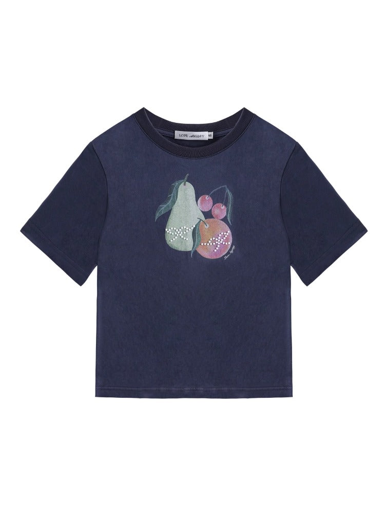 Printed Pearl-Decorated Short-Sleeve T-Shirt