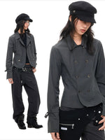 Khaki & Gray Double-Breasted Cropped Shirt