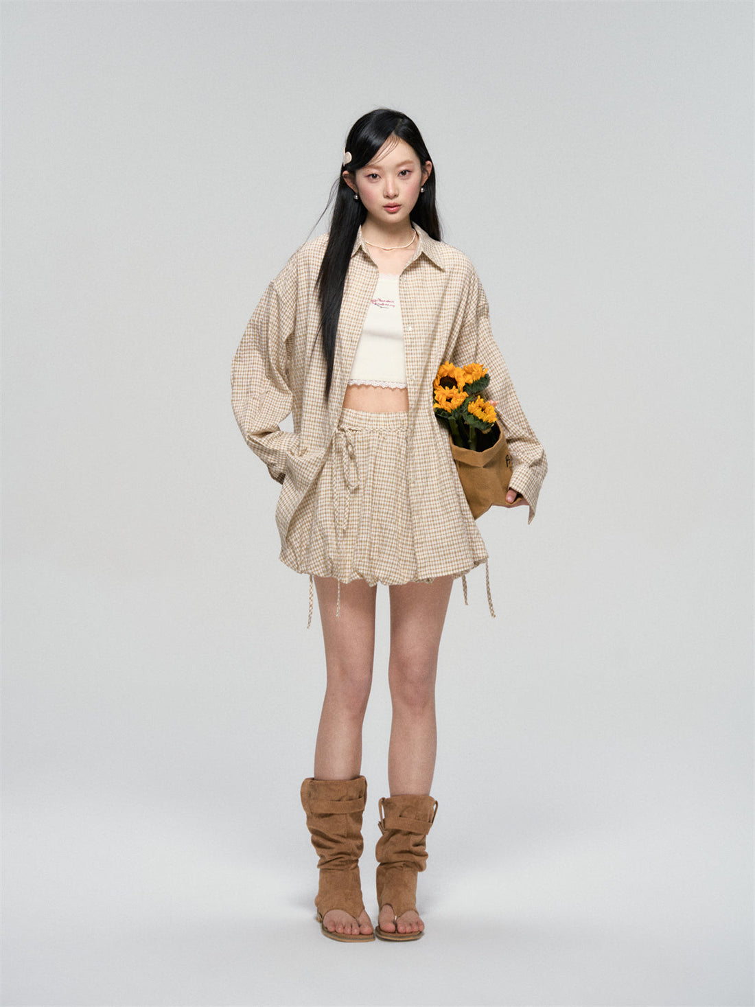 Khaki & Black Retro Check Shirt & Skirt Set