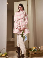 Baby Pink Raspberry Check Wool-Like Cape Coat