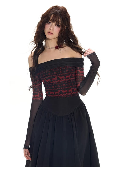 Black-Spliced Slim Off-Shoulder Dress