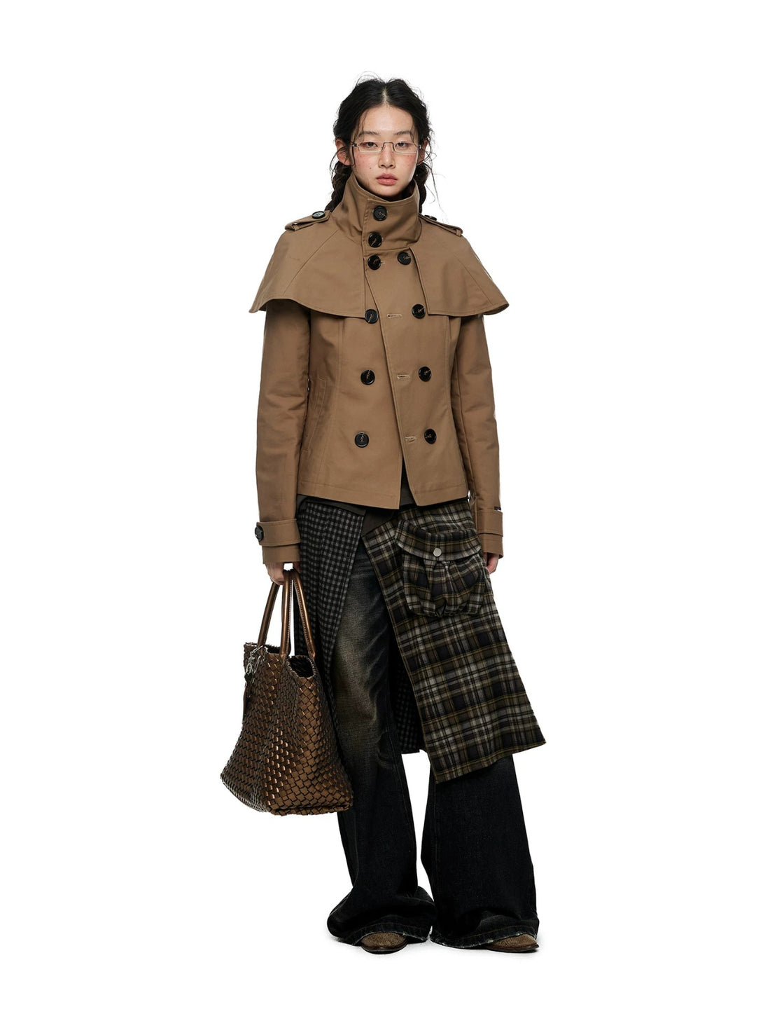 Plaid Panel Utility Midi Skirt