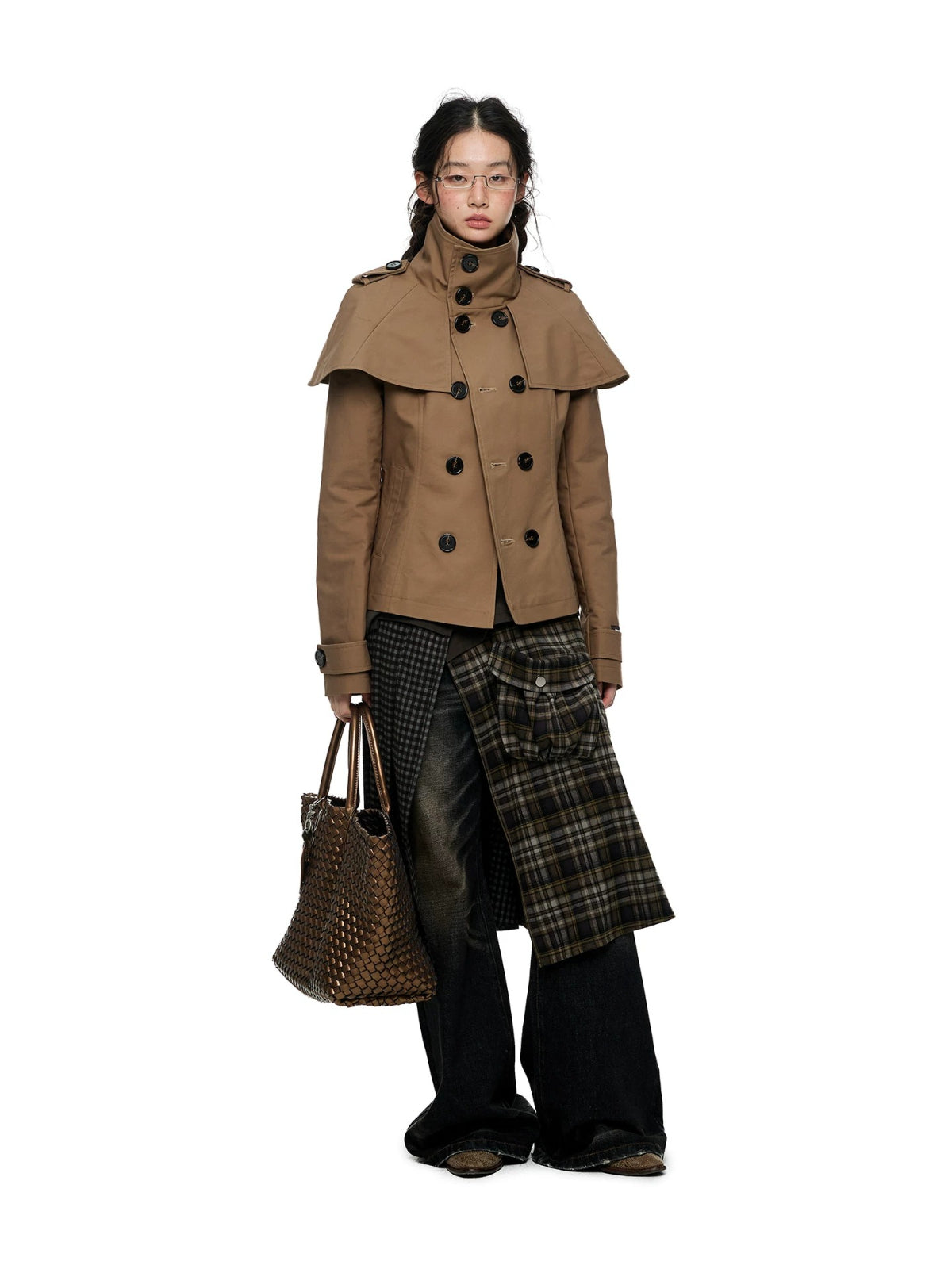 Plaid Panel Utility Midi Skirt