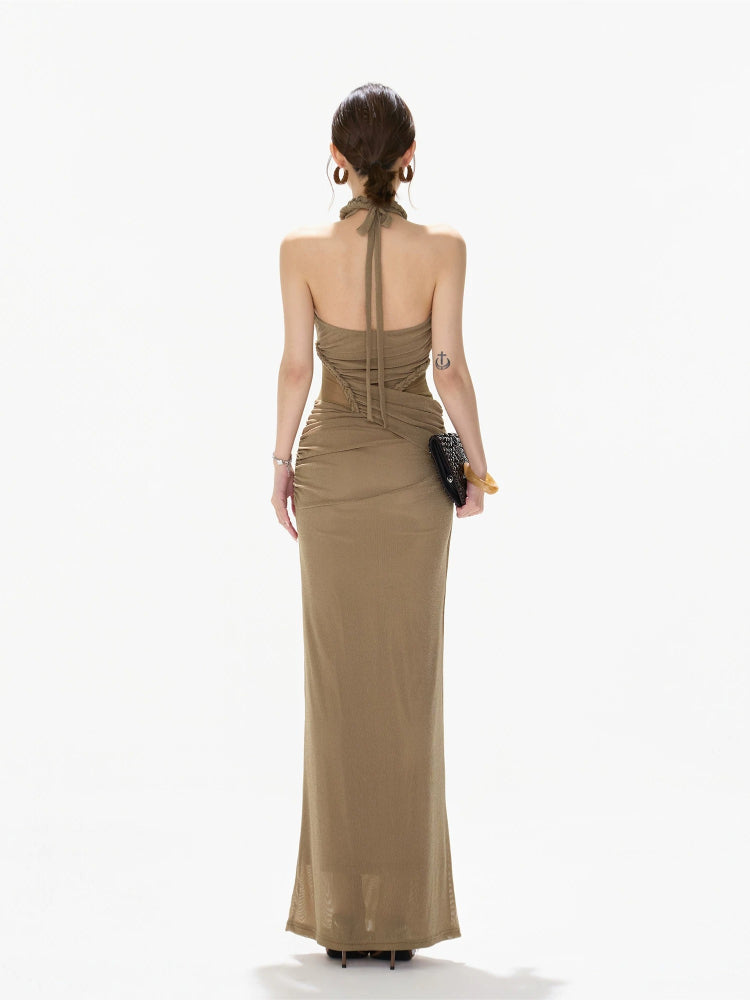 Halter Ruched Mesh Dress
