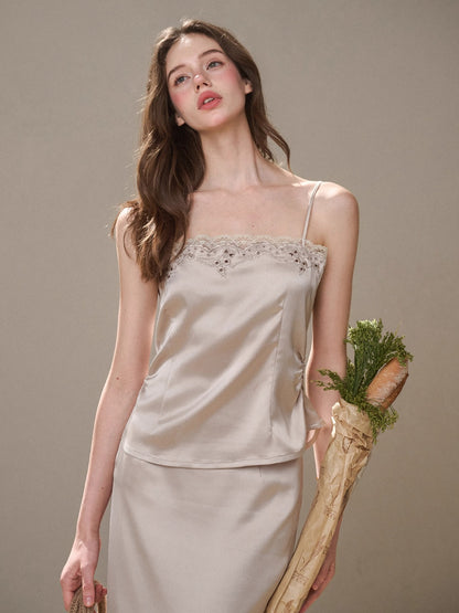Cosagach Pearl Satin Embroidered Camisole &amp; Skirt Set
