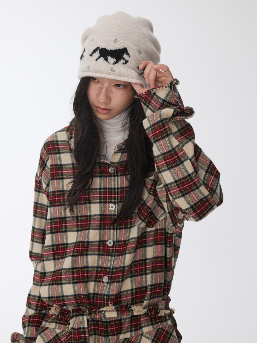 Vintage Red Plaid Frayed-Edge Utility Shirt Dress