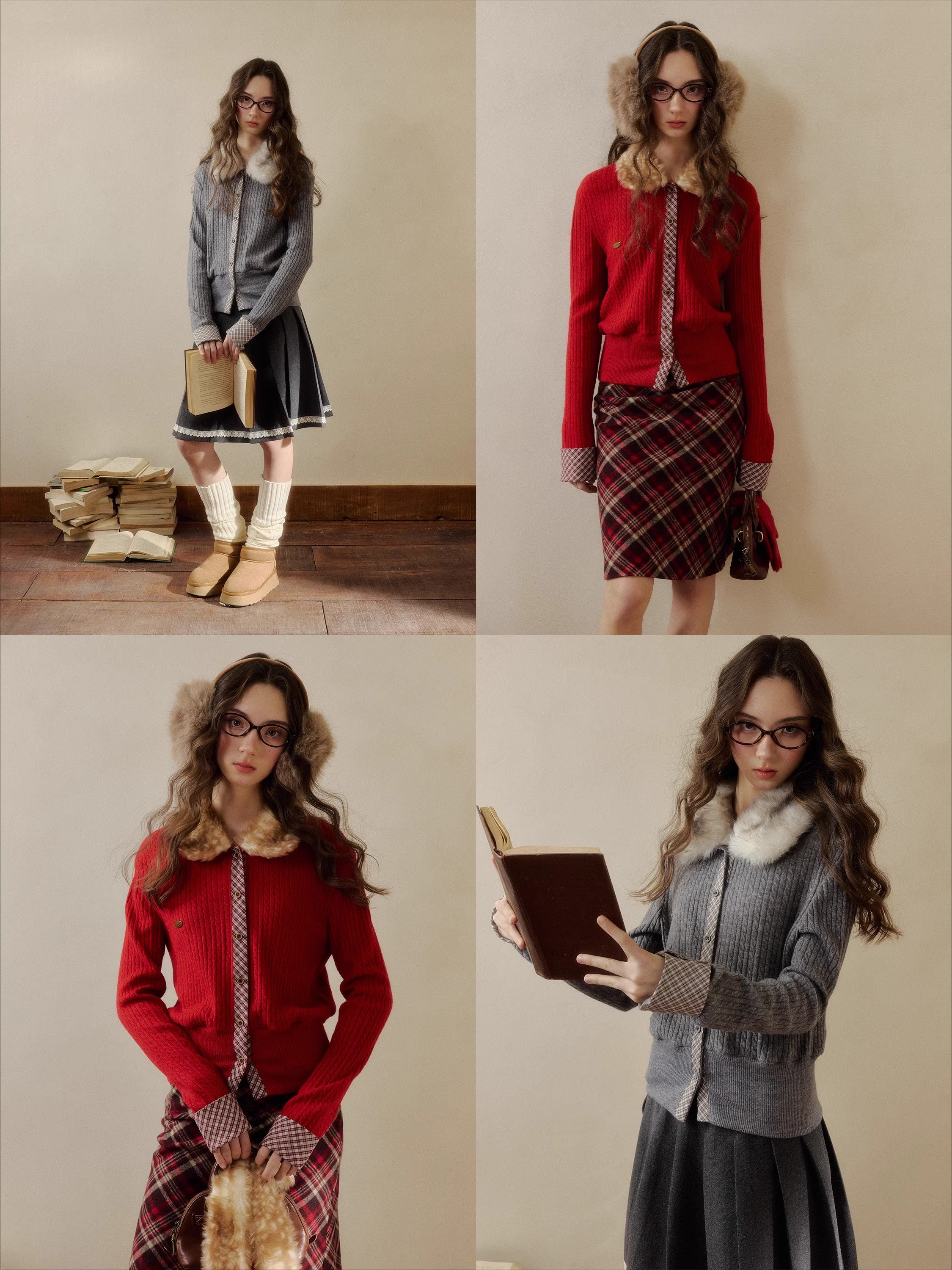 Fur-Collar Plaid Knit Cardigan