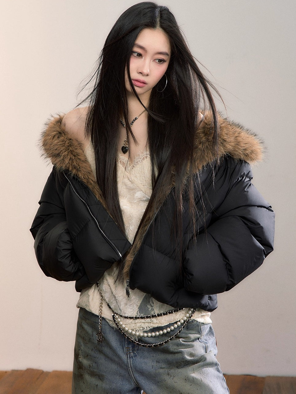 Colorblock Detachable Fur Down Jacket