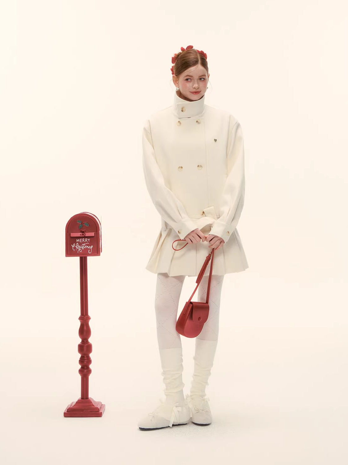 Double-Breasted Pleated Hem Wool Down Coat