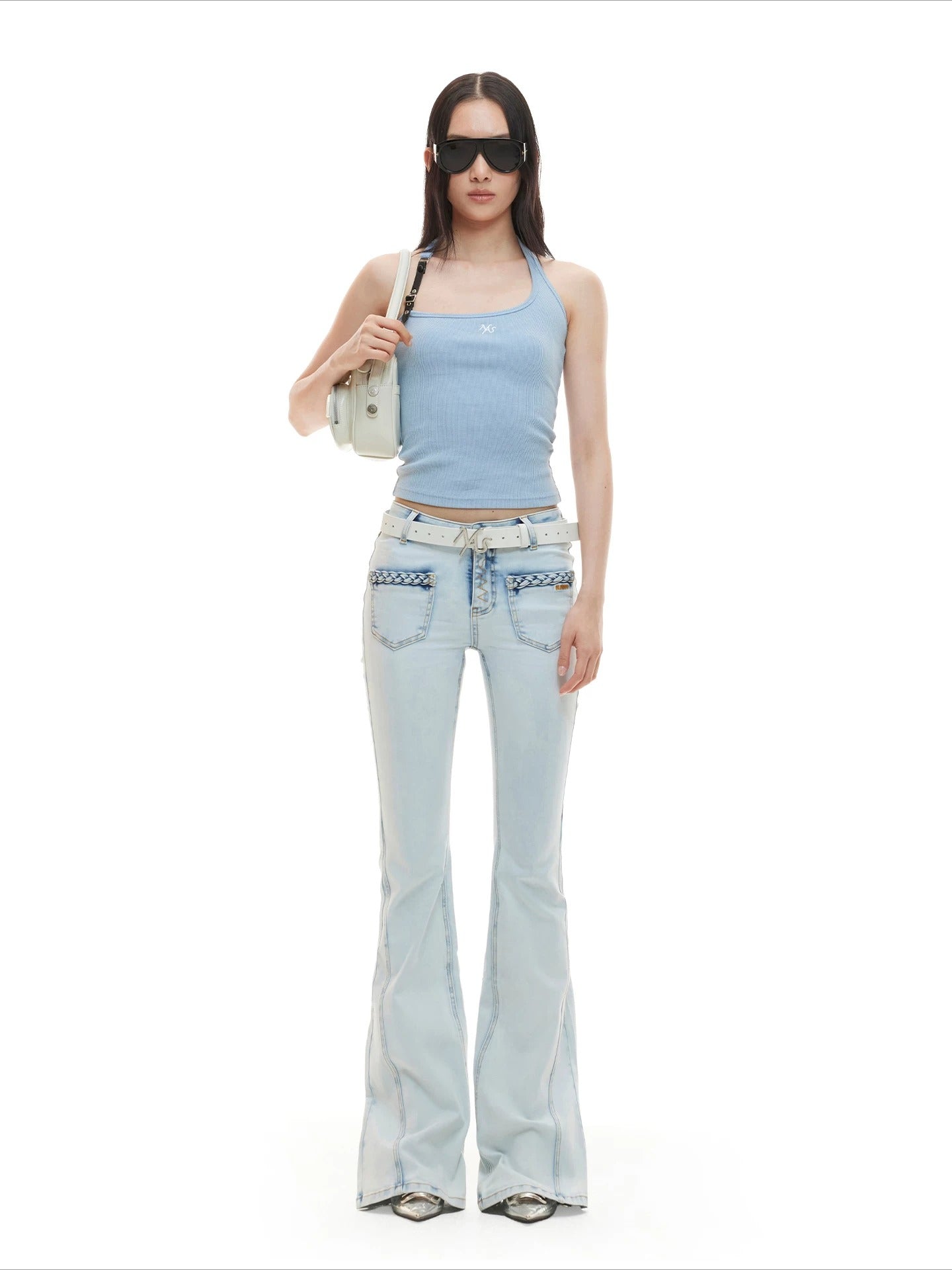 Blue Braided Flare Jeans