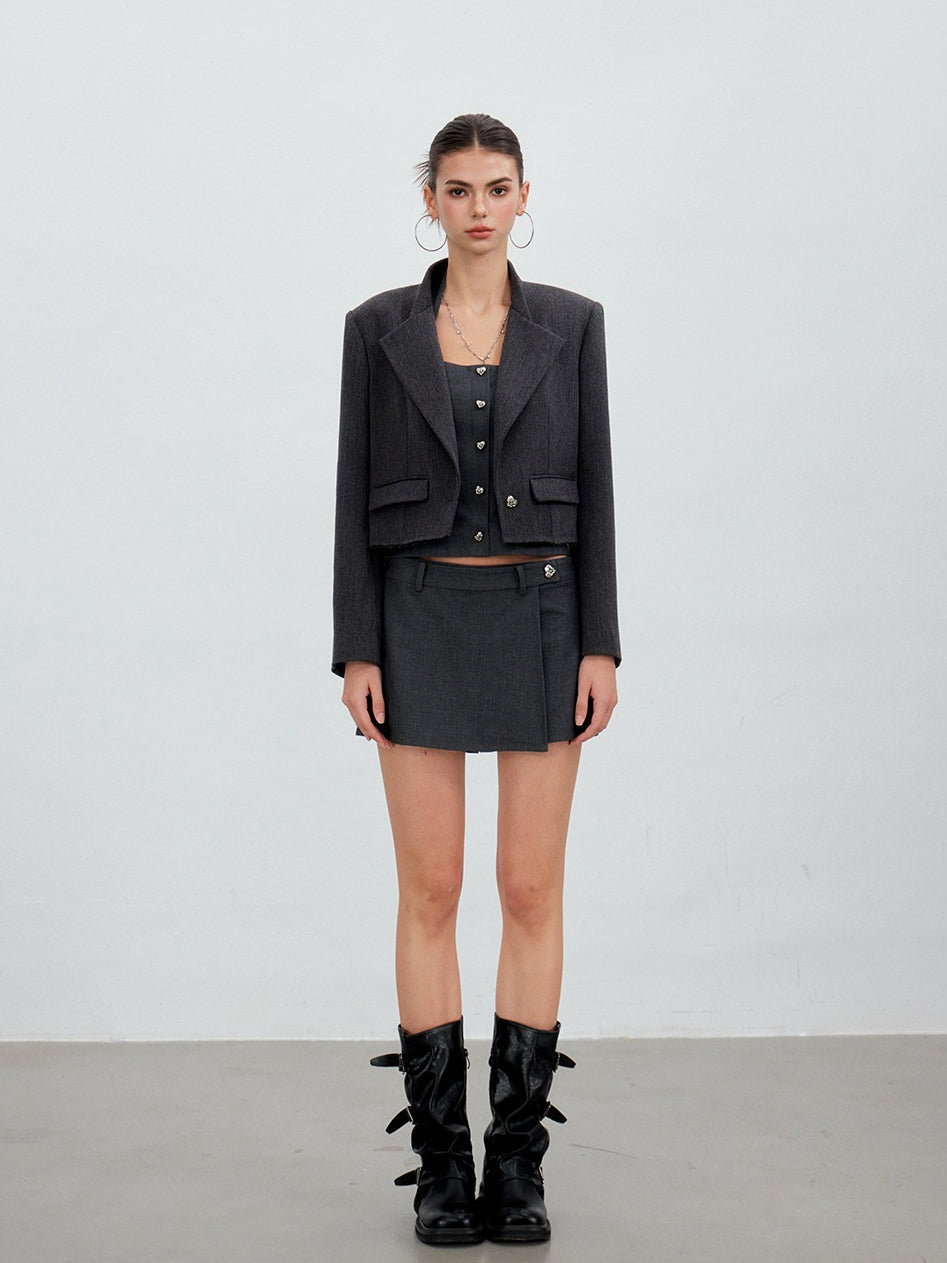 Asymmetric Mock-Layer Heart-Button Skirt