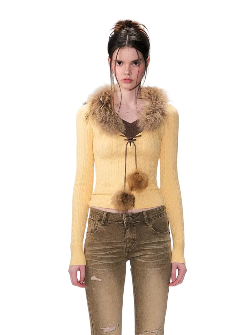 Detachable Fur Collar Knit Top