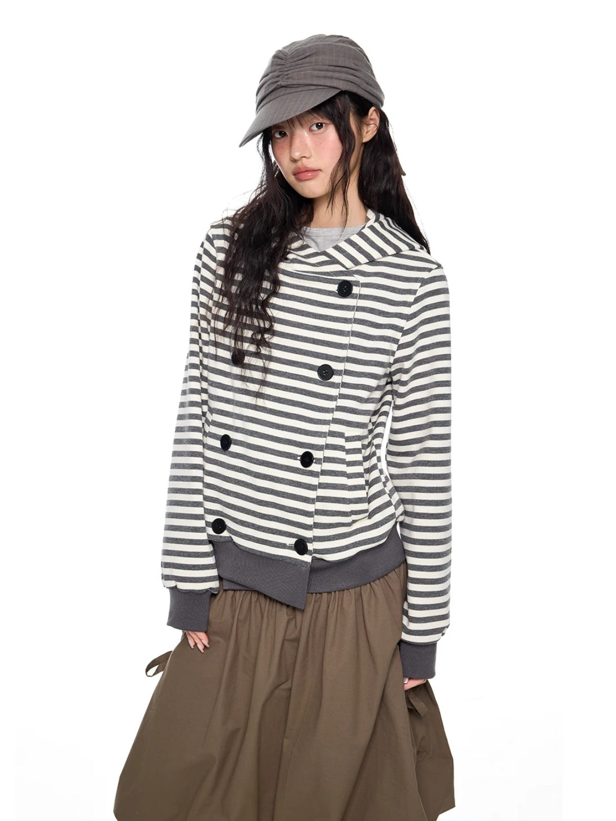 Double-Breasted Striped Hooded Cardigan