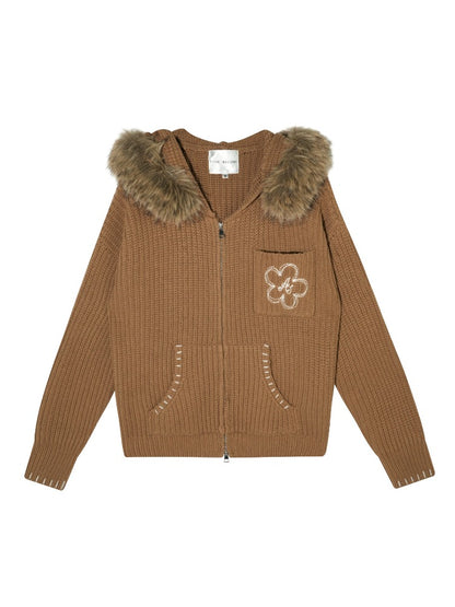 Detachable Faux-Fur Collar Embroidered Hooded Cardigan