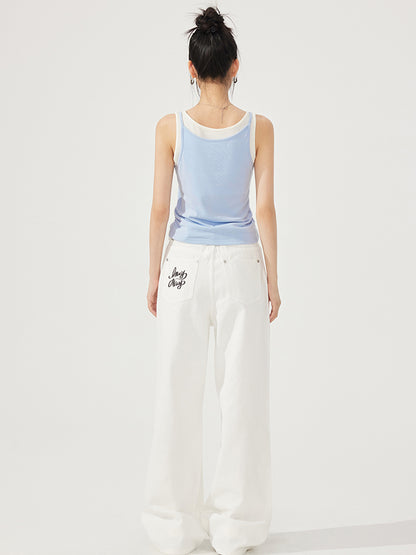 Fake Two-Piece Contrast-Color Spliced Tank Top
