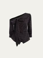 Checkered Bow One-Shoulder Asymmetric Waist-Cinching Shirt