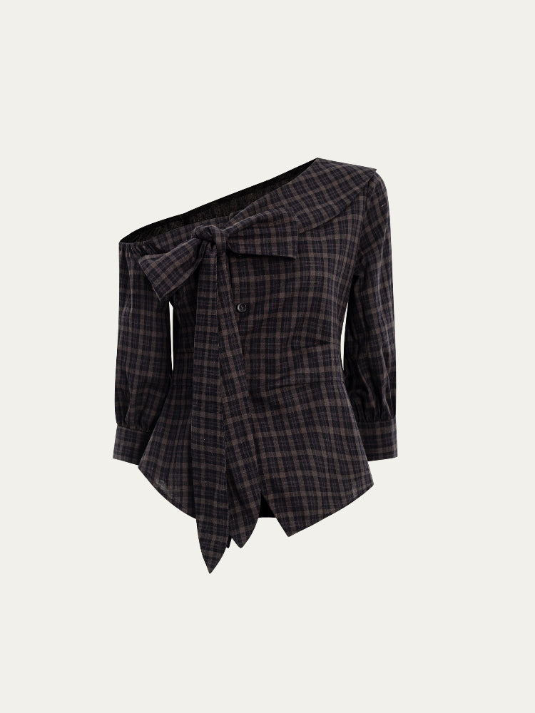 Checkered Bow One-Shoulder Asymmetric Waist-Cinching Shirt