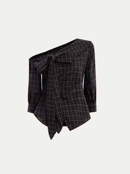 Checkered Bow One-Shoulder Asymmetric Waist-Cinching Shirt