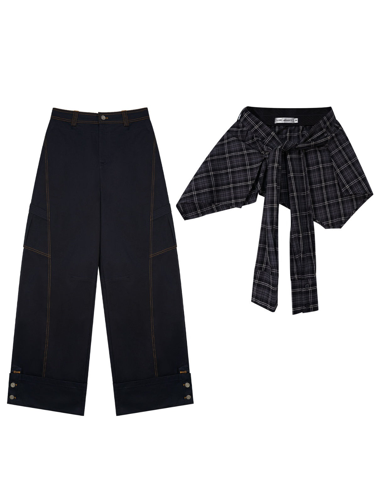 Detachable Plaid Cargo Wide Leg Pants