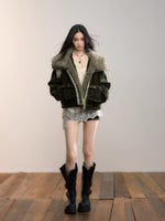 Velvet Denim Oversized Fur Collar Down Jacket