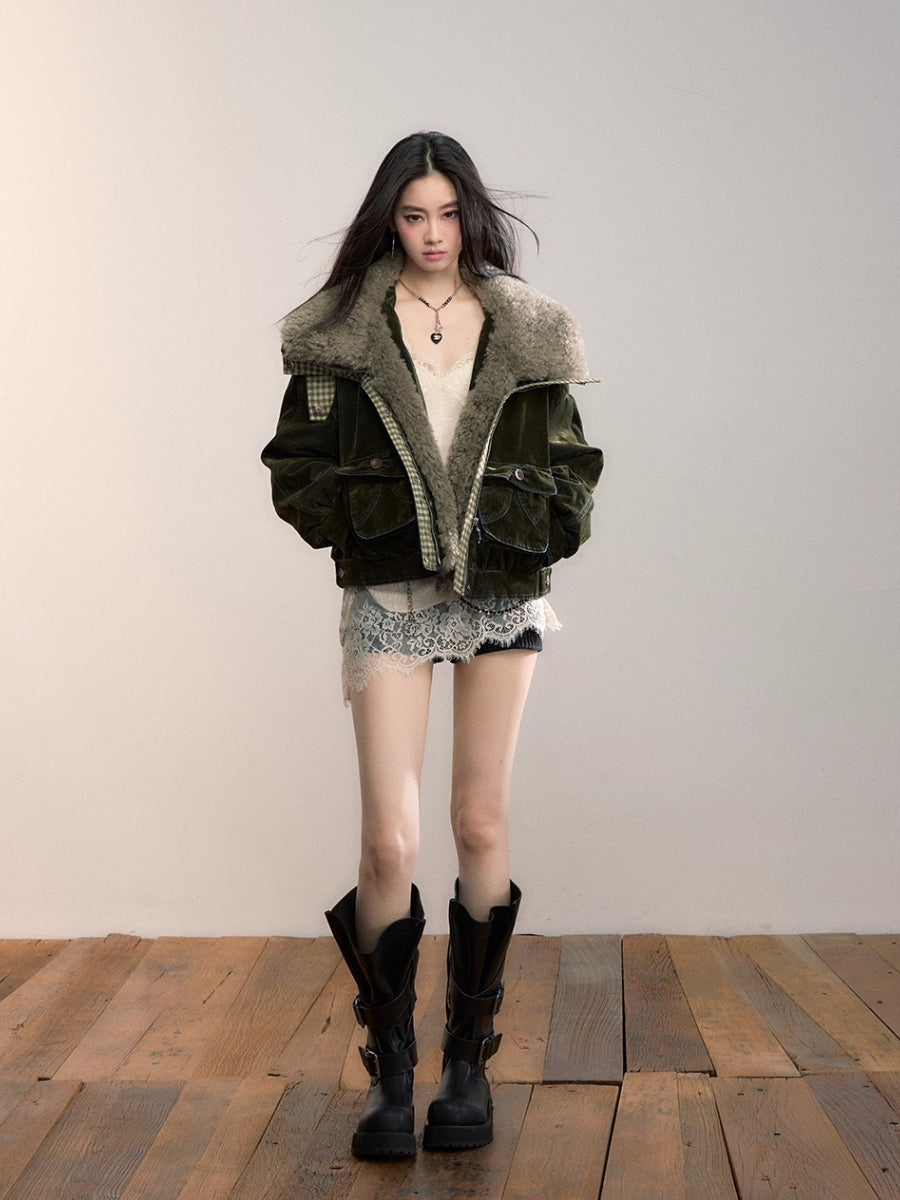 Velvet Denim Oversized Fur Collar Down Jacket