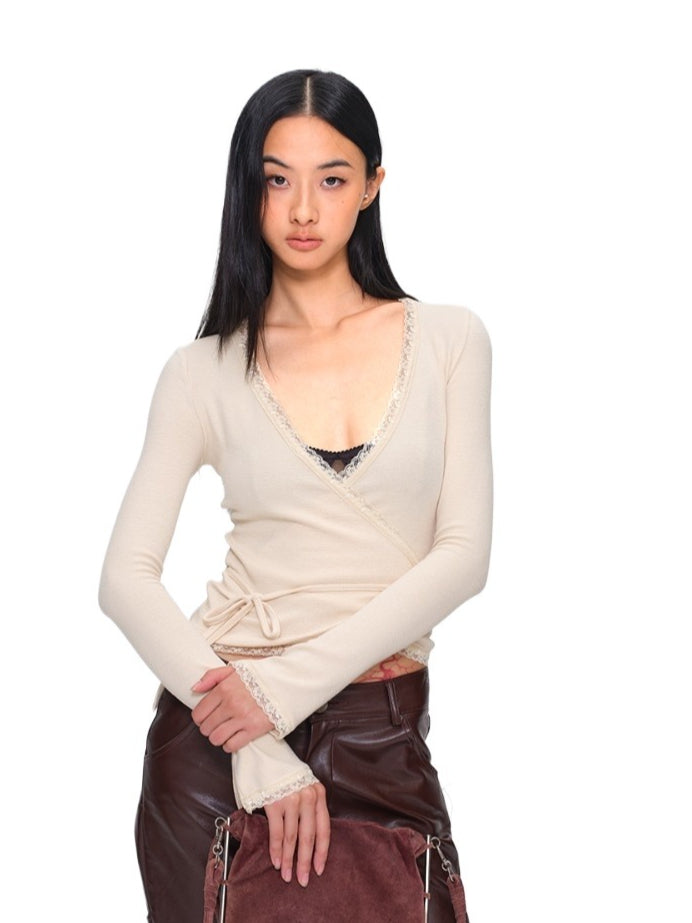 Two-Tone Lace-Trim Cross-Tie Cropped Knit Cardigan