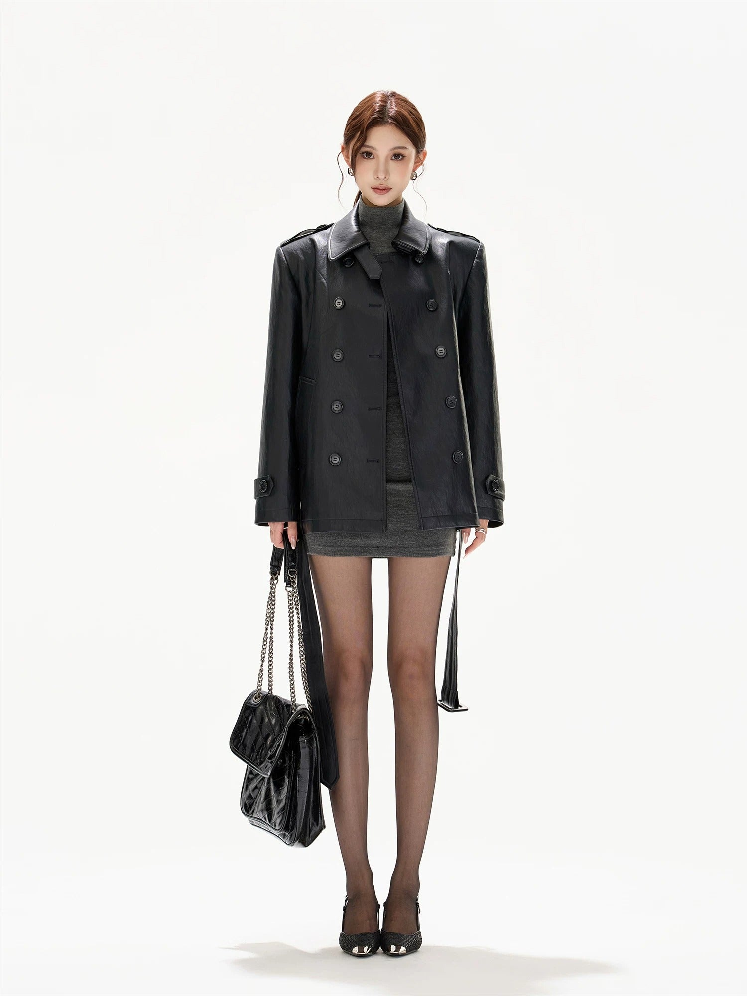 Black Stand Collar Belted Leather Jacket