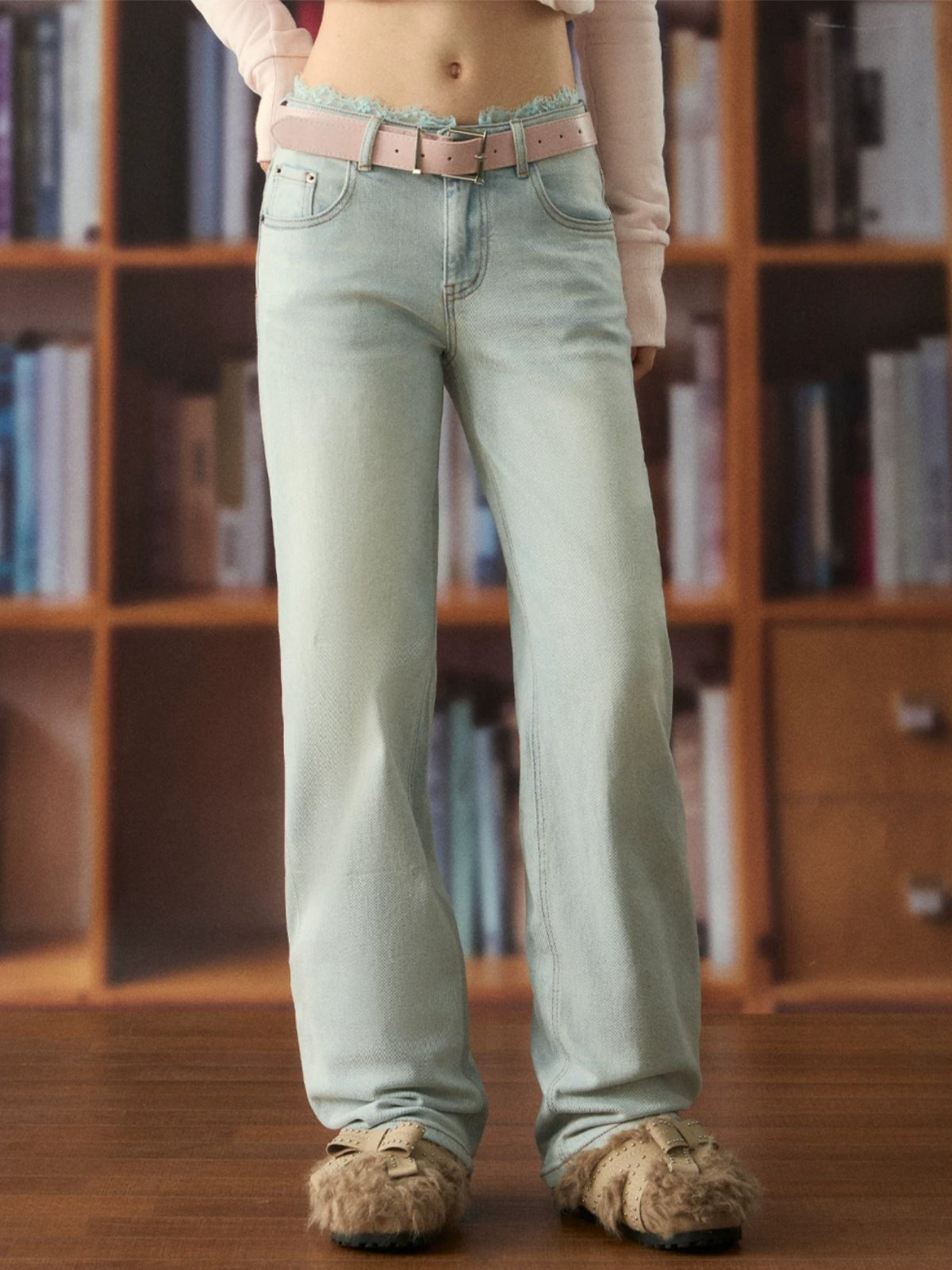 Light Wash Lace Waist Jeans
