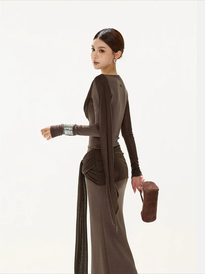 Brown Ruched Knit Blouse &amp; Skirt Set