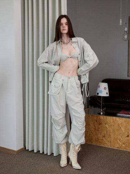 Retro Diagonal Cut Striped Bud Shirt &amp; Cargo Set