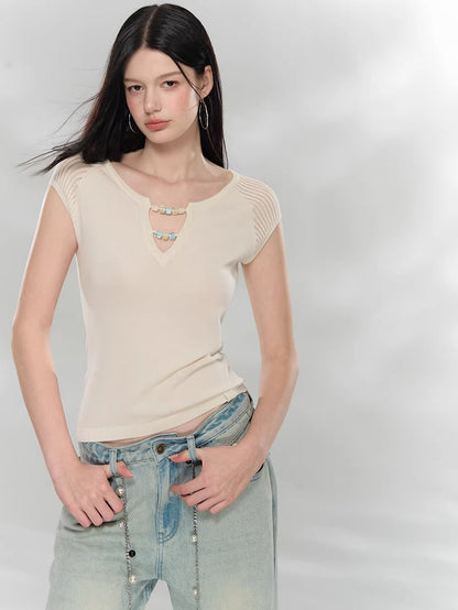 Beaded V-Neck Knit Top