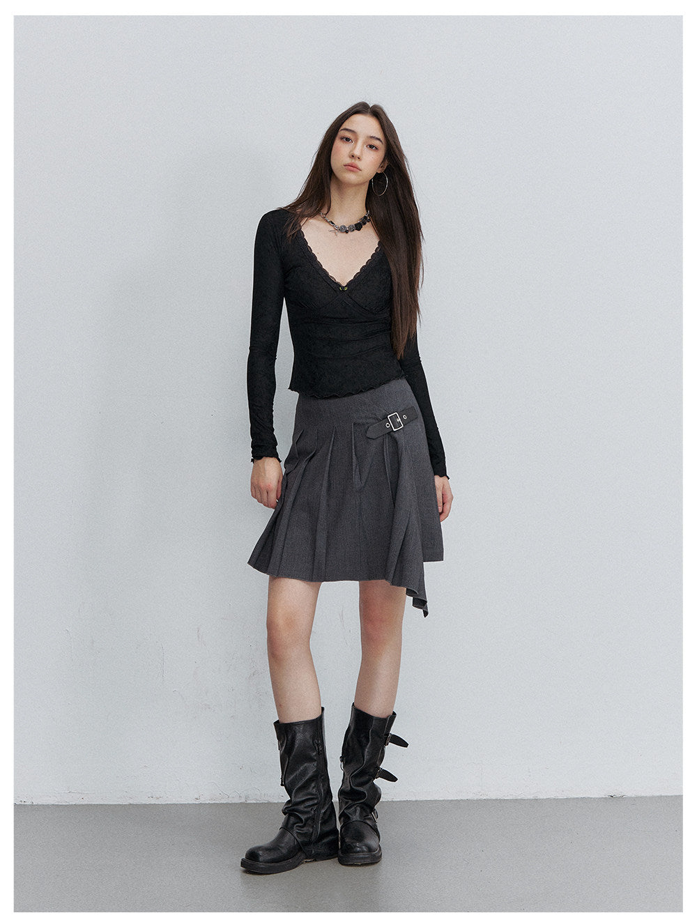 Pleated Buckle Mini Skirt
