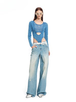 "Caracal Series" Washed Crinkle Denim Mesh Bodysuit