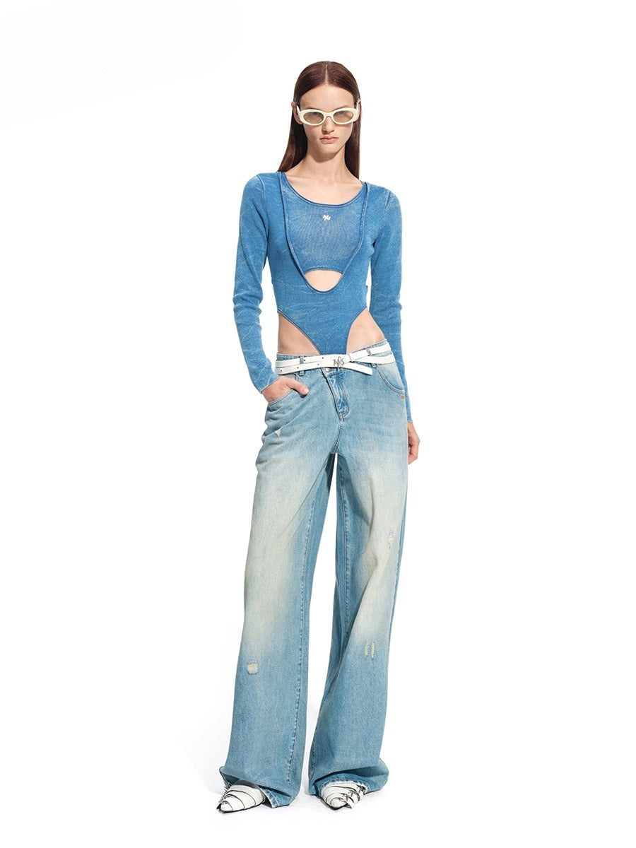 "Caracal Series" Washed Crinkle Denim Mesh Bodysuit