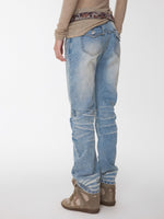 Vintage Pleated Washed Denim Curved Jeans