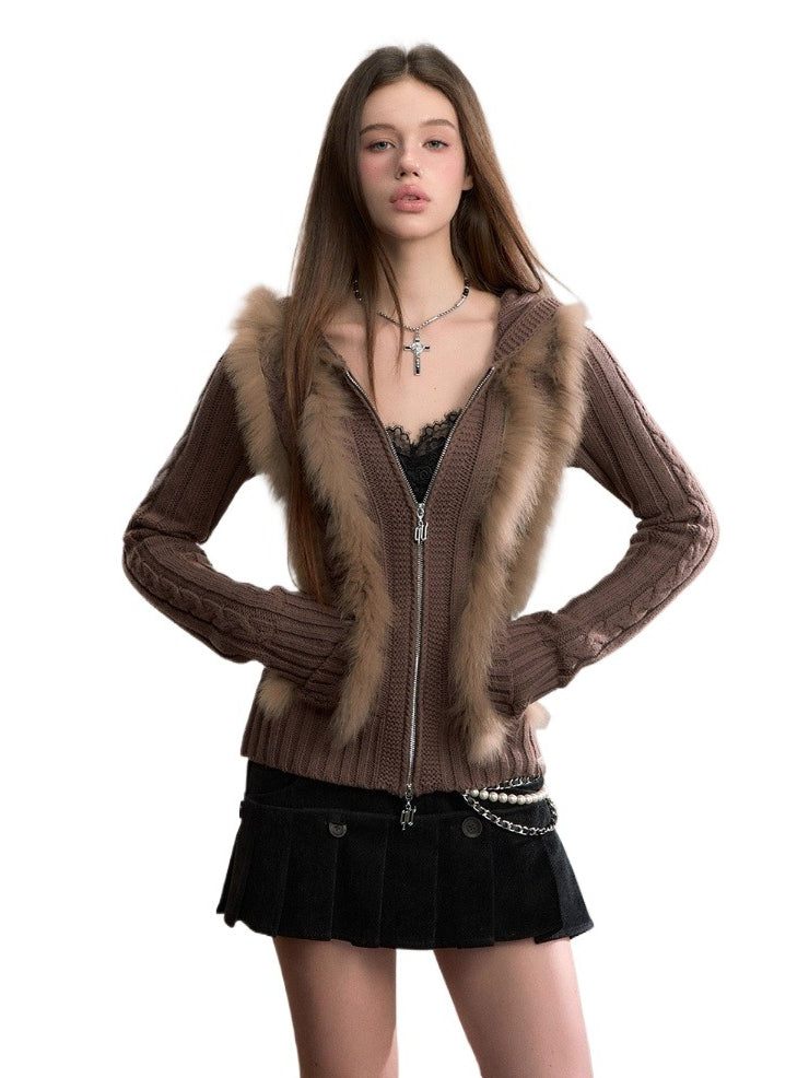 Fox Trim Hooded Knit Cardigan