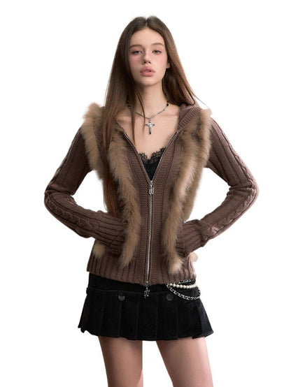 Fox Trim Hooded Knit Cardigan