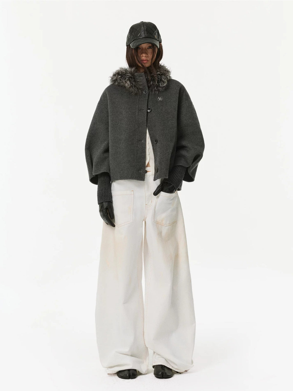 Shearling Collar Wool Cashmere Cape Coat