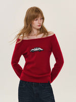 Car Motif Off Shoulder Sweater