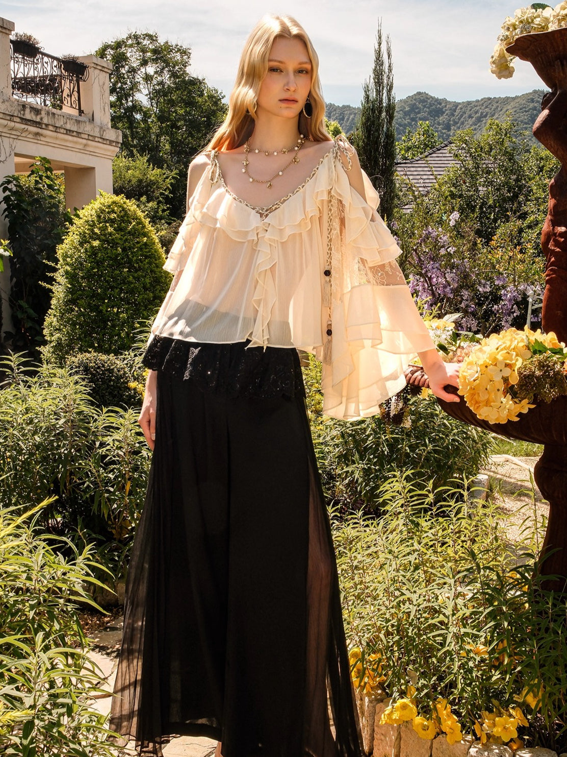 Flowy Chiffon Ruffle V-neck Shirt