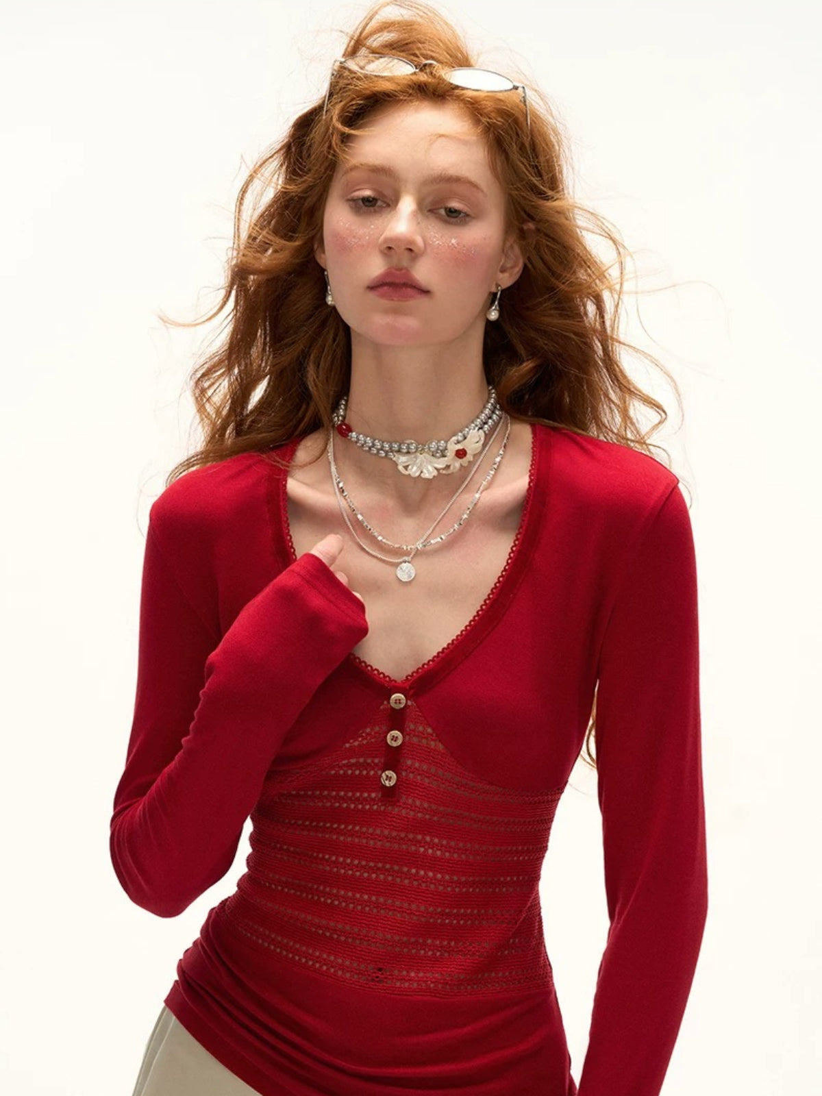 Openwork Patchwork Long Sleeve Top