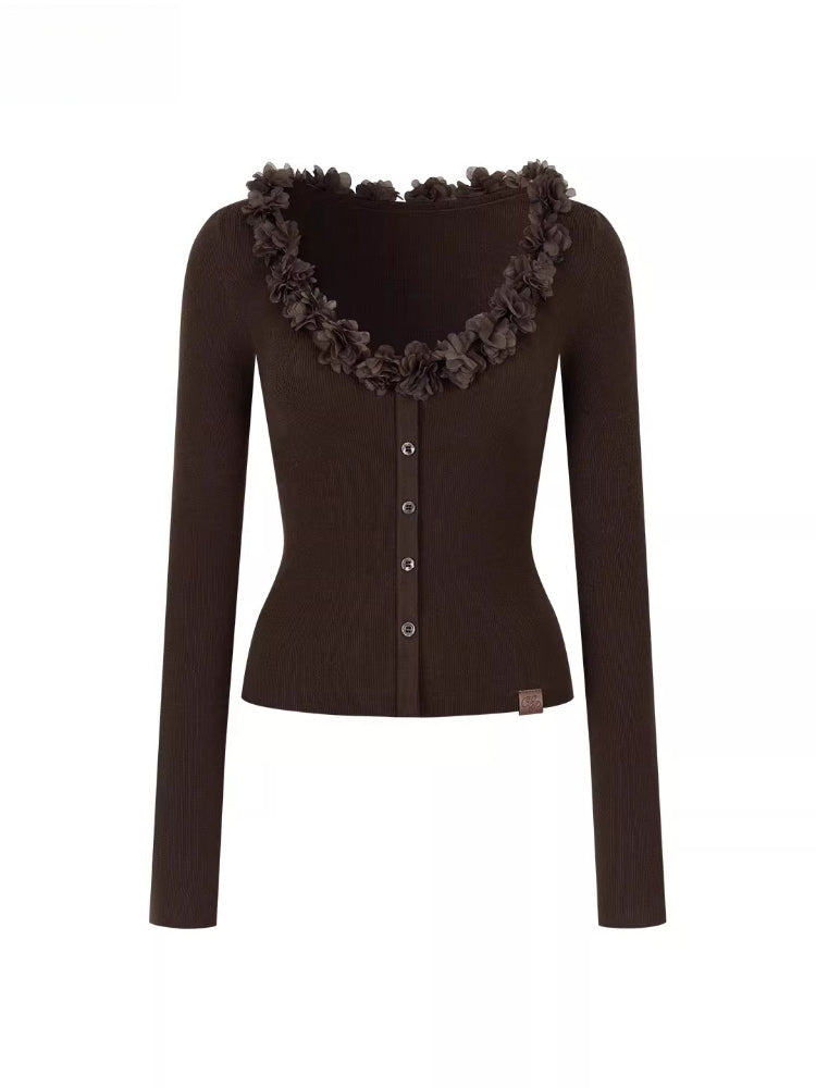 Ruffle V-Neck Knit Cardigan