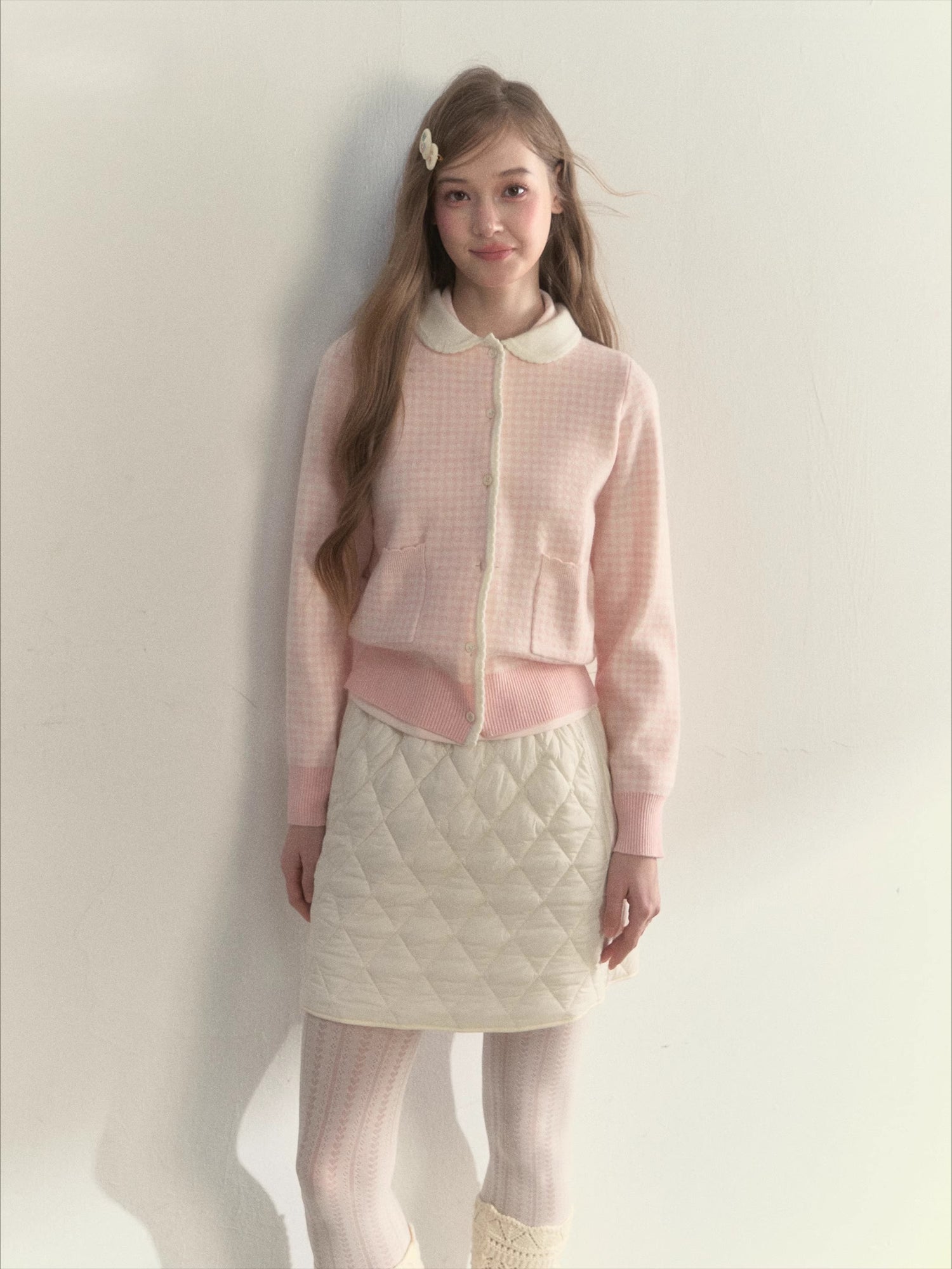 Pink Plaid Knit Doll Collar Sweater