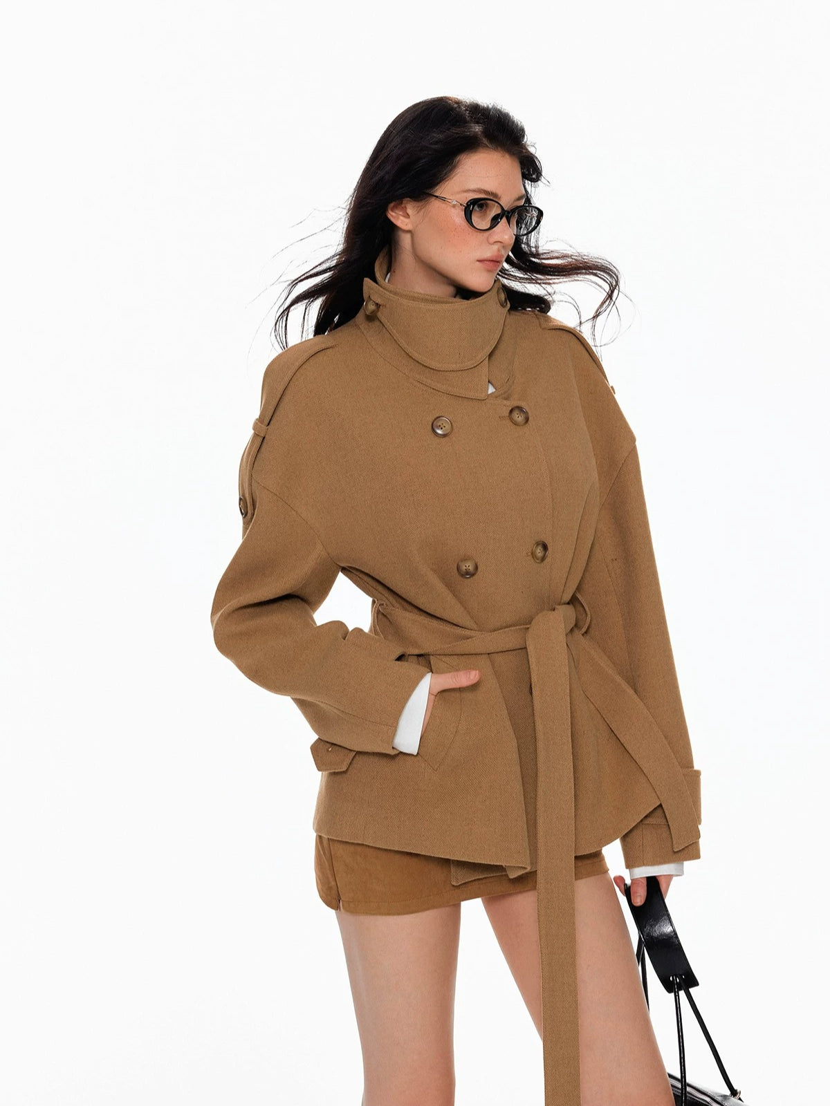 Wool Double Breasted Belted Short Coat