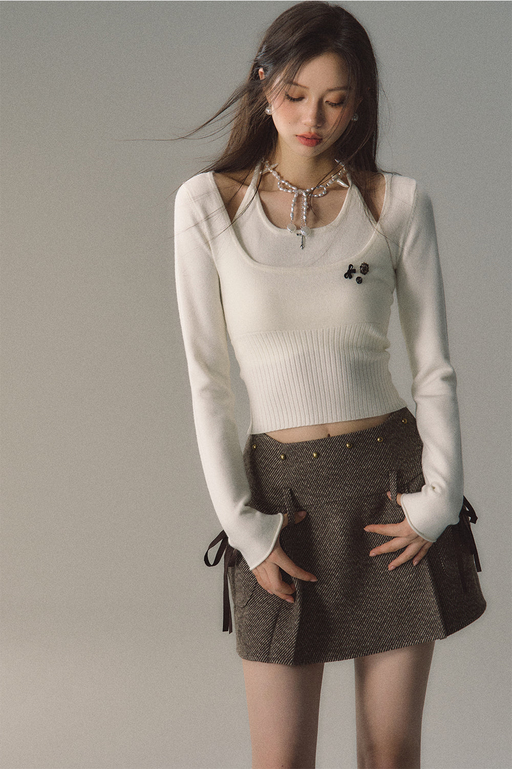 Green &amp; Apricot Halter 2-in-1 Knitted Short Sweater