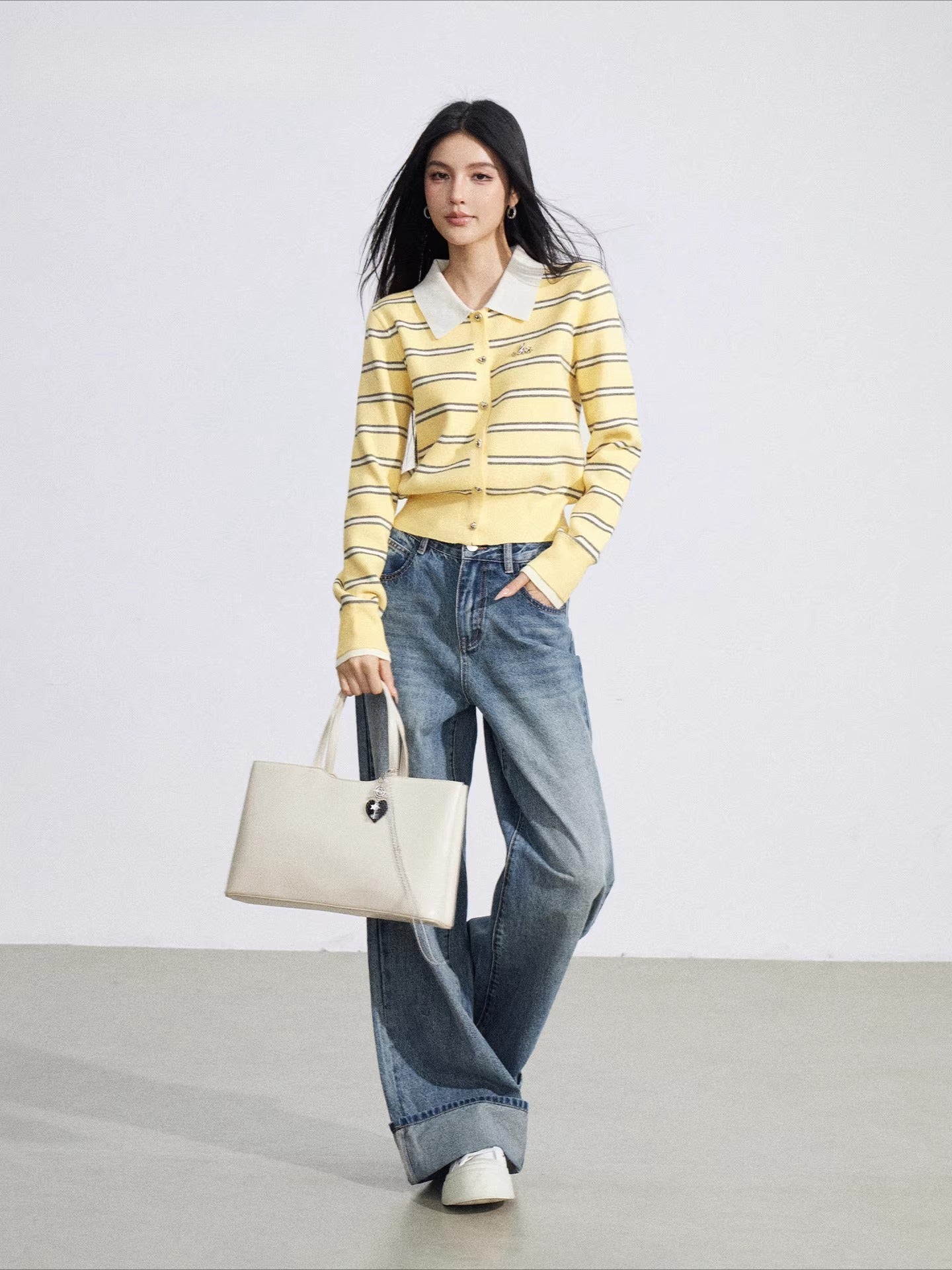 Yellow &amp; Gray Striped Polo Knit Top