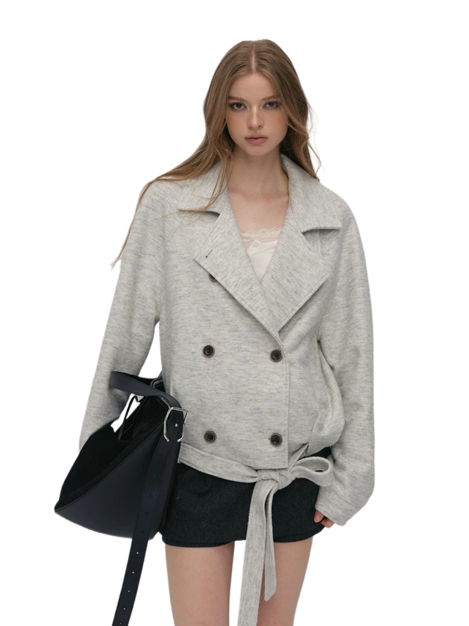Cropped Wool-Blend Wrap Coat