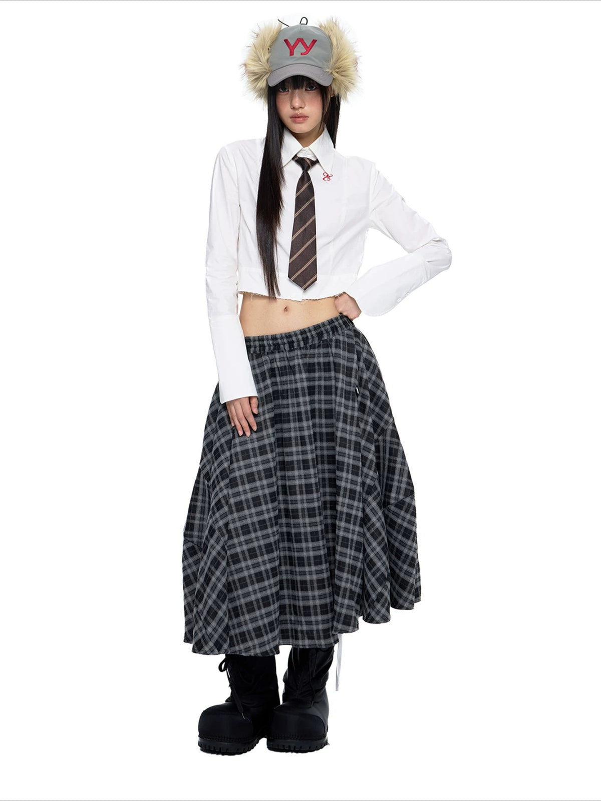 Plaid Gathered Midi Skirt